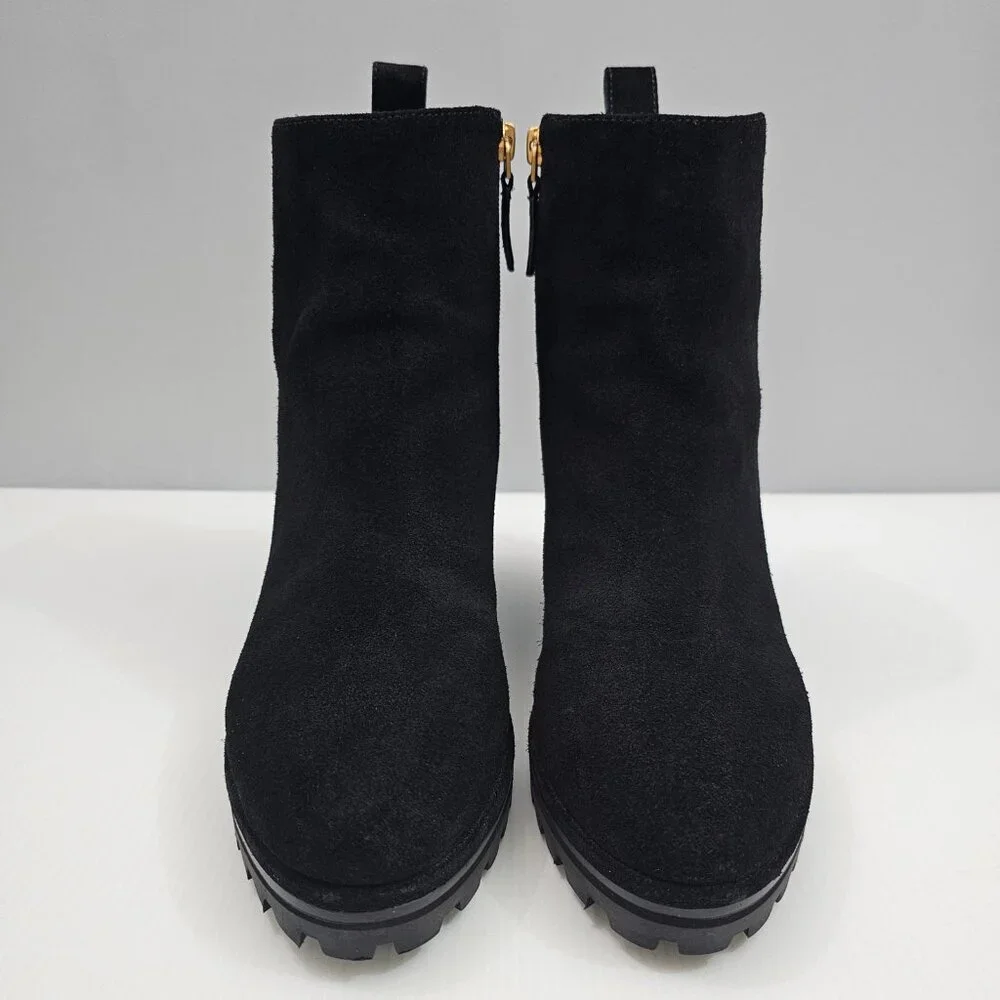 Tory Burch Suede Logo Wedge Ankle Boot Womens 8.5 Black Suede Lug Sole Designer